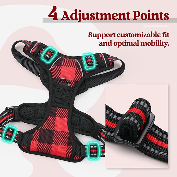rabbitgoo Dog Harness No Pull with 2 Leash Clips, Adjustable Soft Padded, Reflective Oxford No Choke Pet Vest with Easy Control Handle for Large Dogs, Red Plaid, XL