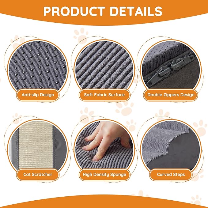 Pet Stairs, Dog Stairs for Small Dogs, Dogs Steps, 5-Step Curved Dog Ramp for Bed, Couch, Sofa, Car and Chairs, Non-Slip Bottom Design, Cat Scratching Board, High Density Foam Portable Pet Step, Grey