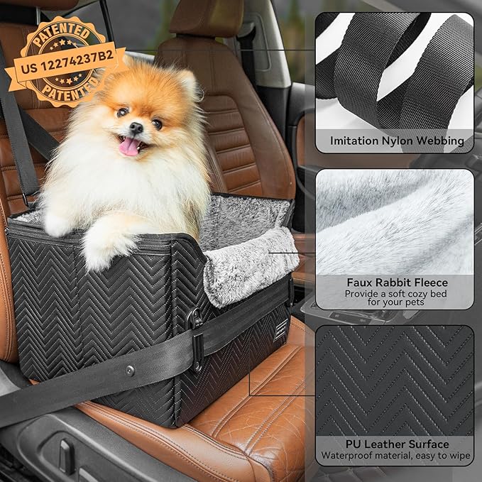 PETSFIT Small Dog Car Seat, Waterproof PU Leather Dog Carseat with Patent Safe Buckles, Clip-On Leash, Car Seat for Dogs, Cats Up to 25 lbs (Glossy Black)
