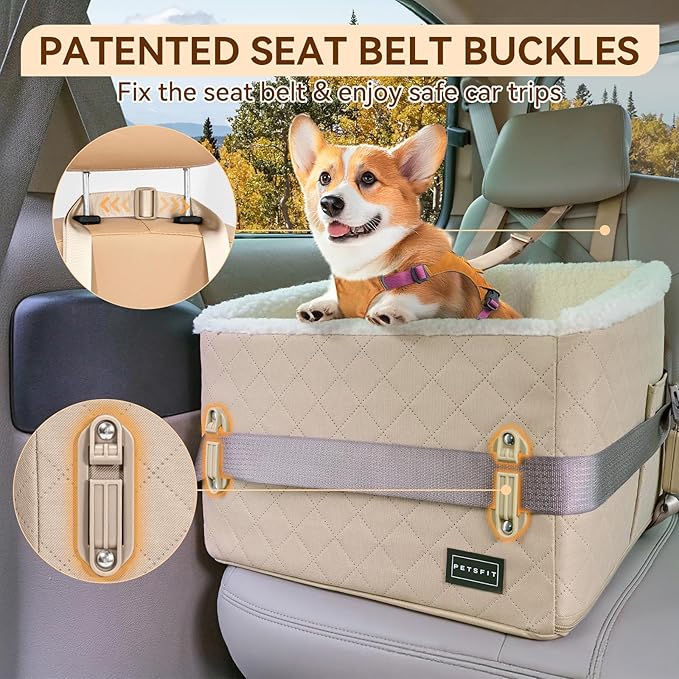 PETSFIT Small Dog Booster Car Seat, Soft Foam Puppy Carseat with Patented Safety Buckles, Storage Pockets and Detachable Clip-On Safety Leash, Dog Car Booster Seat for Medium Pet Under 30 LBS (Khaki)