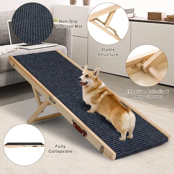 Folding Dog Ramp Safety, Wooden Adjustable Height Pet Ramps, Potable Dog Steps with Non-Slip Traction Mat, Dog Step for Bed, Dogs Stairs for SUV Car, Couch, Safe,Height Bed