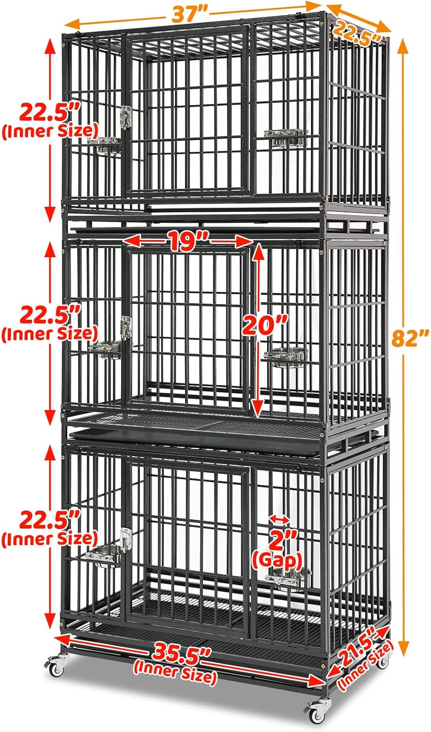Homey Pet 2 Pack Three Levels 37 Inch Dog Crate, Escape Proof Dog Cage Kennel Indoor with Top Access and Lockable Wheels, Removable Tray, Heavy Duty Dog Crates for Medium/Small Dogs