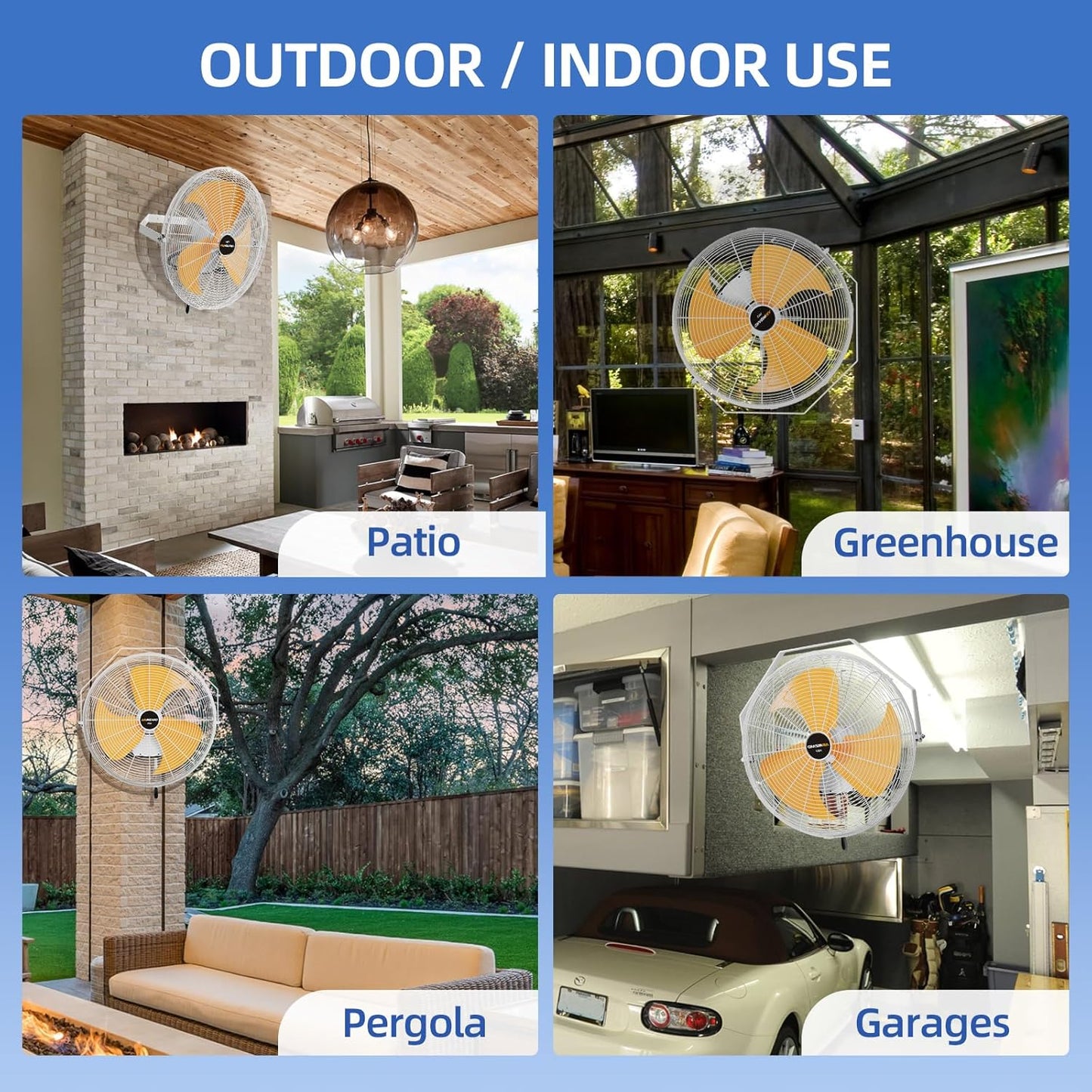 20 Inch Outdoor Wall Fan, 5800 CFM Waterproof Wall Mounted Fan Industrial Grade Metal Outdoor Fans, 3 Speeds, Adjustable Tilt, for Patio, Greenhouse, Garage, Gazebo Use, UL Listed