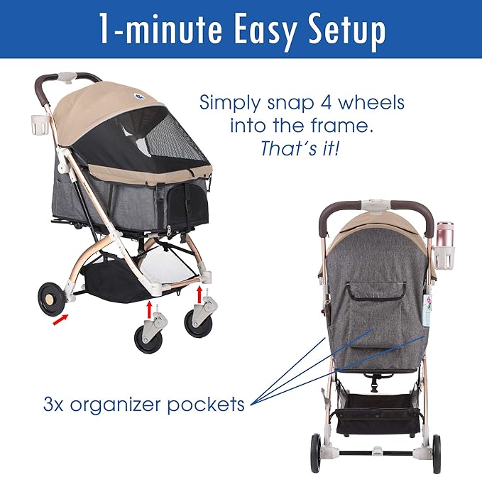 HPZ-PR America Pet Rover Lite Premium Light-Weight Dog/Cat/Pet Stroller Travel Carriage with Convertible Compartment/Aluminum Frame for Small & Medium Pets (Taupe 2nd-Gen.)