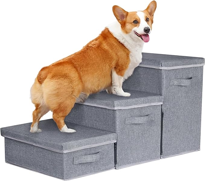 Pet Stairs with Storage, Pet Step for Small Dogs and Cats, 3-Step Folding Pet Steps with Zip, Cat Stairs Dog Steps for Bed, Couch and Car Ramp (Gray, 3 Steps no Condo)