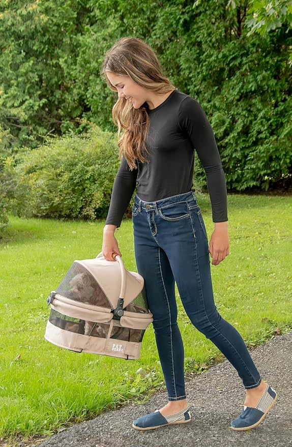 Pet Gear No-Zip View 360 Ultra Lite Pet Safety Carrier & Car Seat for Small Dogs & Cats Push Button Entry, 15", Sand,View 360 Ultra Light 15-inch,Sand