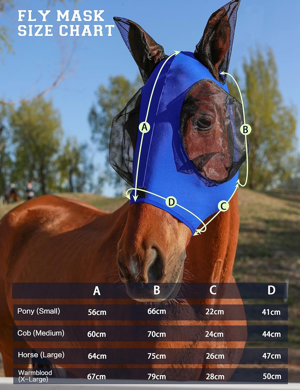 Horse Fly Mask with Ears, UV Protection Mask for Horses, Elasticity Mask with Big Mesh Eye Covers, Snug Fitting Comfortable Breathable Lightweight Royal Blue Cob