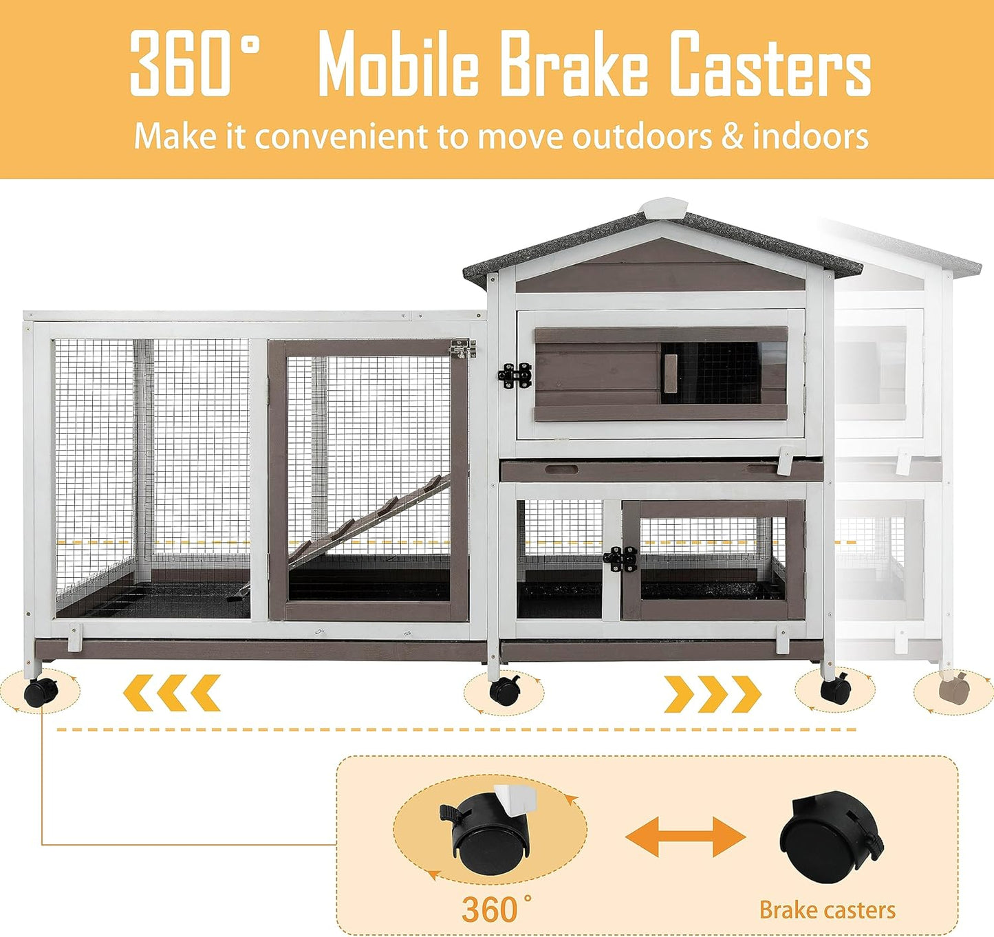 57" L Rabbit Hutch Indoor Outdoor 2 Story Large Bunny Hutch with Run Guinea Pig Cage Wooden Rabbit Cage with Removable 3 Pull Out Trays Pet House for Small-Medium Animals