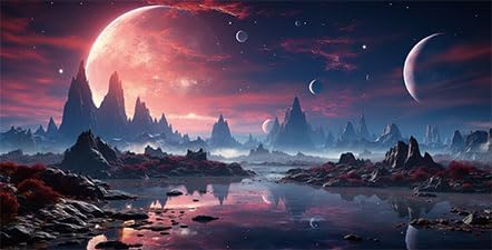 48X20IN Cosmic Spaceterrarium Background, Cool Parallel Space Themed Aquarium Reptile Habitat Background, Red Moon Aquarium Background with 10EVA Double-Sided Tape