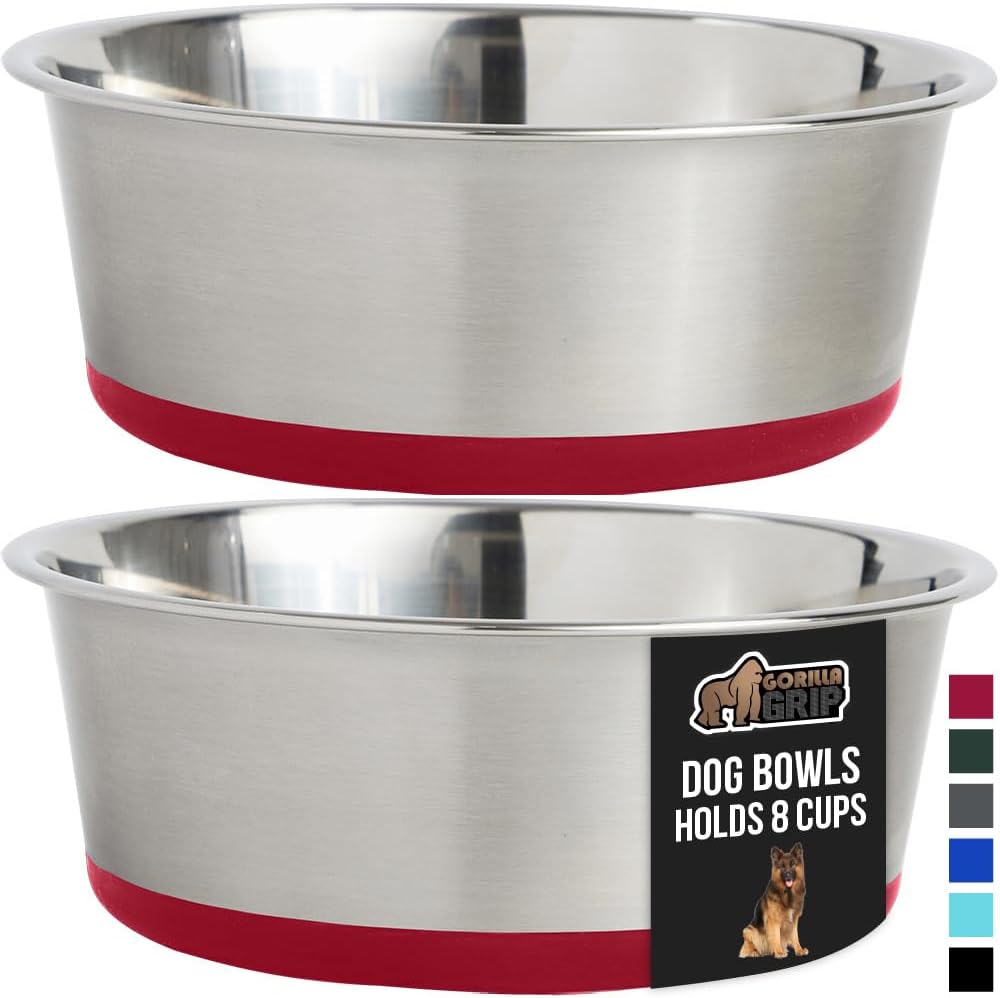 GORILLA GRIP Set of 2 Dog Bowls, Holds 8 Cups (64 fl oz), Heavy Duty Metal Food and Water Bowl for Feeding Dogs and Cats, Dishwasher Safe, Rust Resistant Stainless Steel, BPA Free Rubber Base, Red