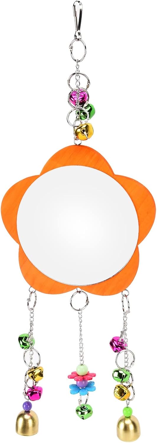 GLOGLOW Bird Mirror Toy, Hanging Parrot Mirror Rooster Toy Mirror with Colored Bells Interactive Playing Toy for Chicks Hens Cockatiel Parakeets Canaries Budgie