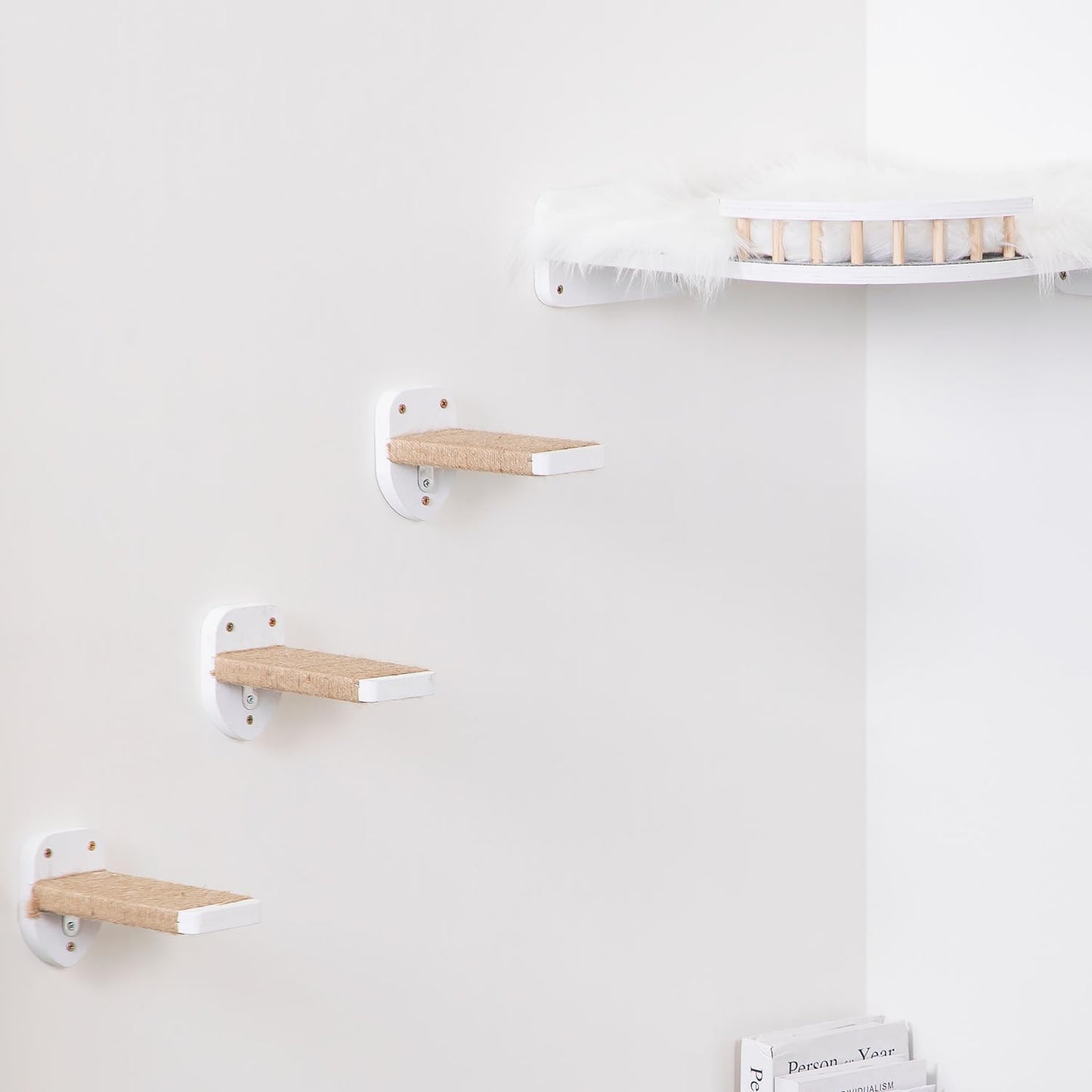 3pcs Wall Mounted Cat Steps, Climbing Furniture, Shelves With Hemp Rope Covered, Solid Wood Ladder for Playing and Climbing (Standard-White)