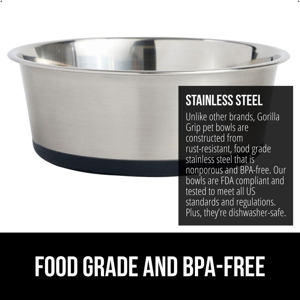 GORILLA GRIP Set of 2 Dog Bowls, Heavy Duty Metal Food and Water Bowl for Feeding Dogs and Cats, Dishwasher Safe, Rust Resistant Stainless Steel, BPA Free Rubber Base, Holds 1 Cup (8 fl oz), Black