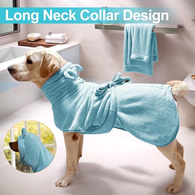 Medium to Large Size Dog Bathrobe, Quick Drying Super Absorbent Used for After Bathing, Warm Dog Towels, Adjustable Hoodies and Belts for Pet Dogs Bath Clothes Products (Blue, 2XL)