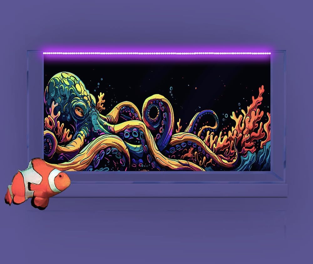 24X16IN Blacklight Octopus Sea Monster HD 3D Black Light Aquarium Background UV Reactive Background Terrarium Background with 10 EVA Double-Sided Tape