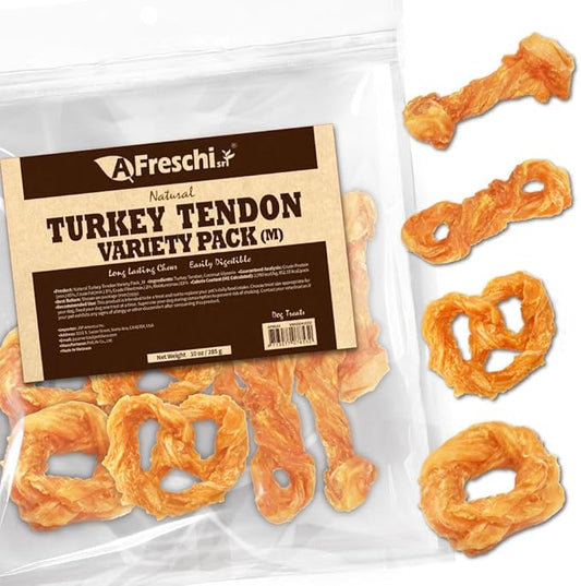 Afreschi Turkey Tendon Variety Pack (M) 10 oz, USA-Sourced Turkey Tendon, All Natural Puppy Chew, Hypoallergenic, Rawhide Alternative