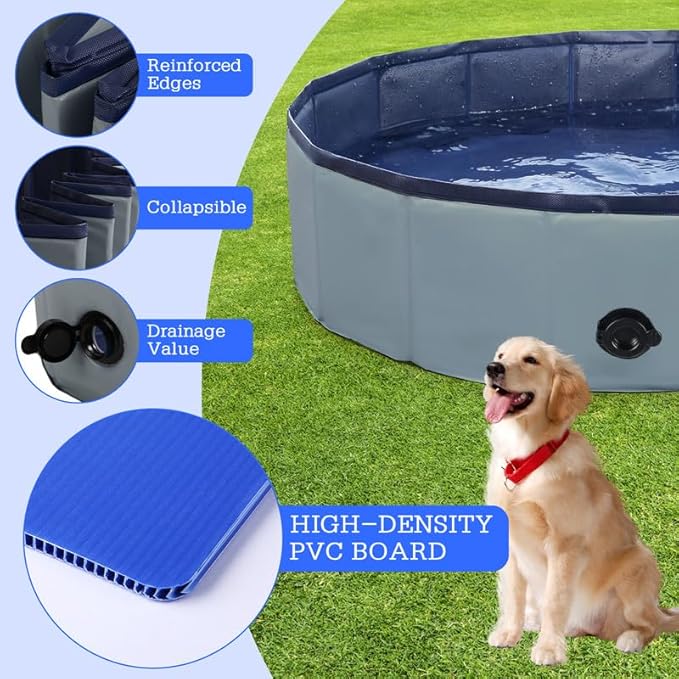 Foldable Dog Bath Swimming Pool 71'' Plastic Kiddie Pool Professional Tub Collapsible Grooming Bathtub for Pets Kids Baby and Toddler, 71 x 12 Inches Gray