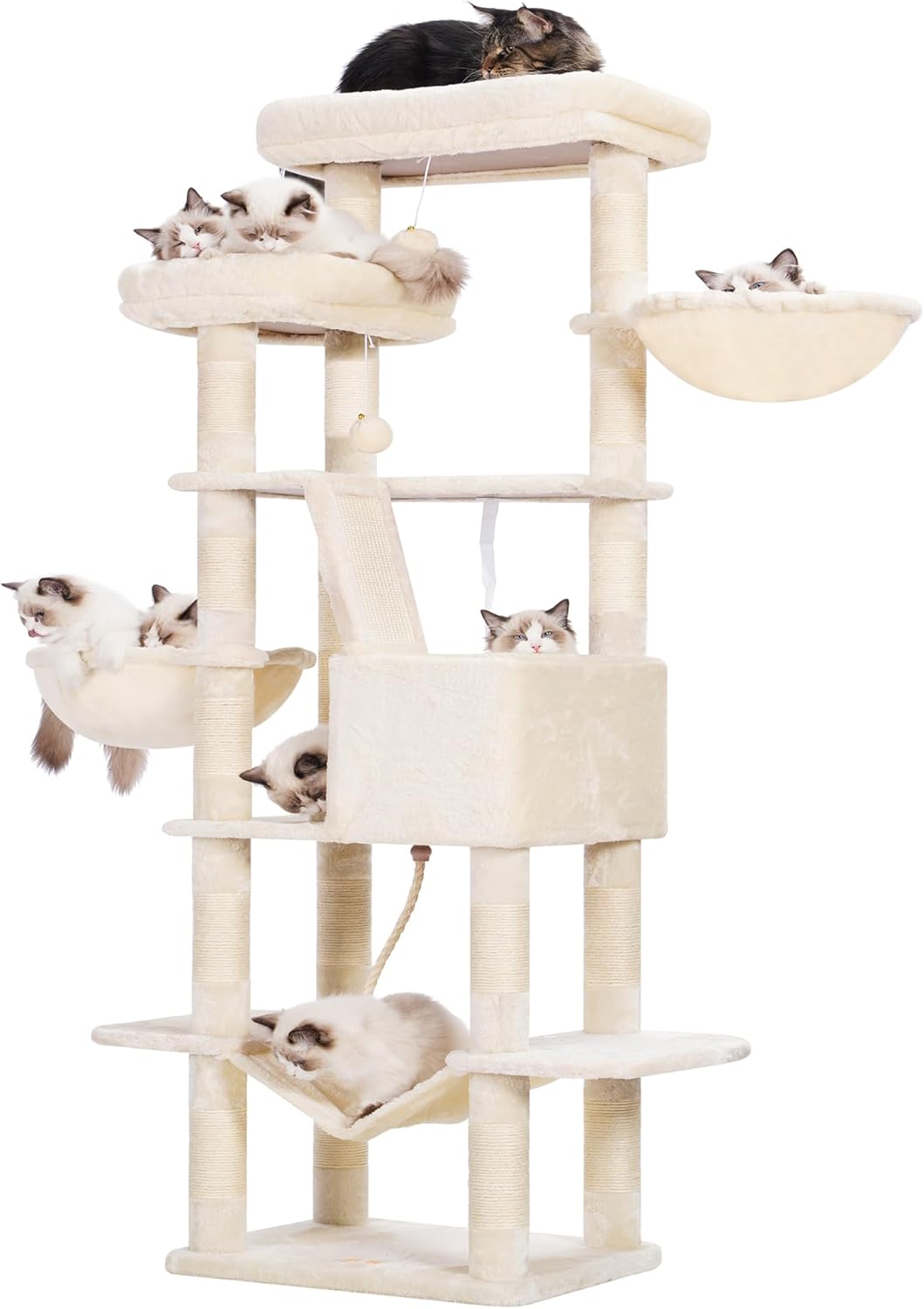 Heybly Cat Tree, 68 inch Multi-Level Cat Tower for Indoor Cats, 2 Widened Plush Perches Cat Condo with Scratching Board and Big Caves, Beige HCT025M