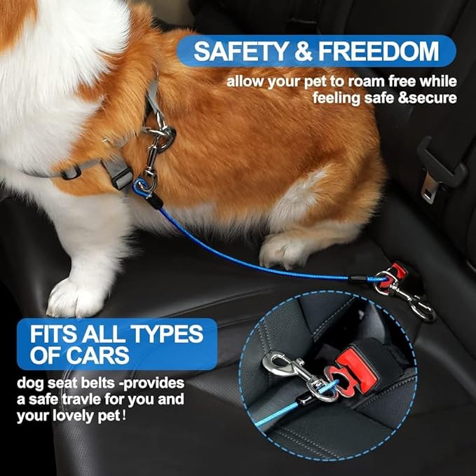 Dog Seat Belt Harness for Car,2pcs Dog Seatbelt of Coated Wire Leash Safety Restraint,No Chew Tether Cable Vehicle Dogs Accessories,Double Clips & Latch (Blue, 24 inch/60 CM)