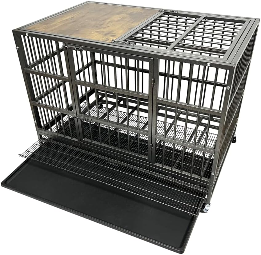 54/48/42/38 Inch Heavy Duty Funiture Dog Crate with Wheels, Indestructible and Escape Proof Wooden Kennel Indoor for High Anxiety Dogs with Double Door and Tray, Extra Large XL XXL