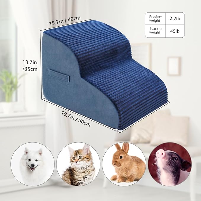 High Density Foam Dog Stairs Steps, 13.7’’ Non-Slip Extra Wide Deep Pet Steps for Beds Or Couches, for Injured or Older Pets Dogs and Cats with Joint Pain, 2-Tiers (Navy Blue)