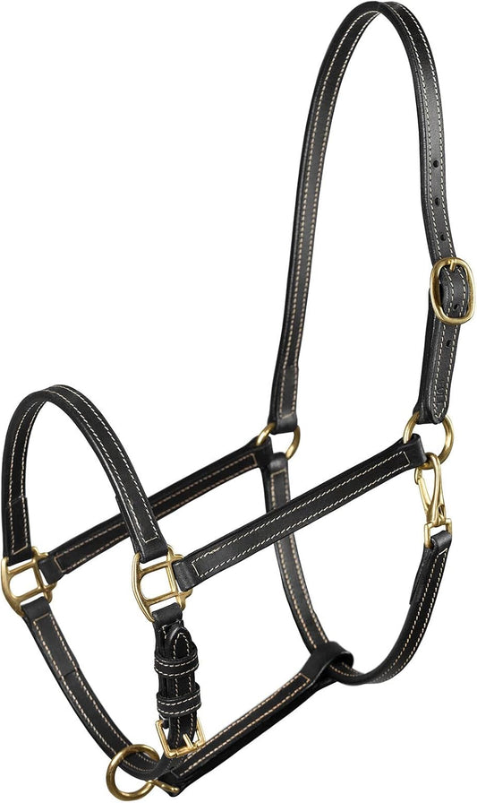 HORZE Fremont Soft Synthetic Leather Horse Halter - Fully Adjustable Halter with Brass Hardware & Contrast Stitching - Black (Pony)