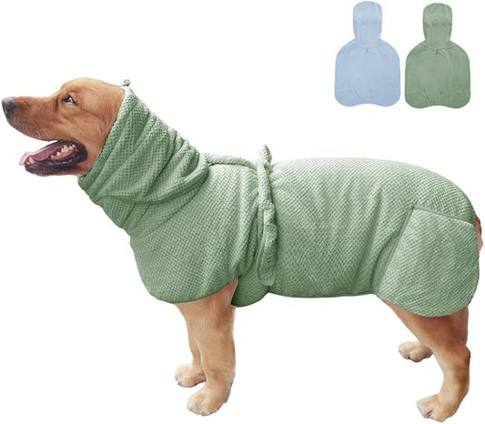 Medium to Large Size Dog Bathrobe, Quick Drying Super Absorbent Used for After Bathing, Warm Dog Towels, Adjustable Hoodies and Belts for Pet Dogs Bath Clothes Products(Green Jacquard, 2XL)