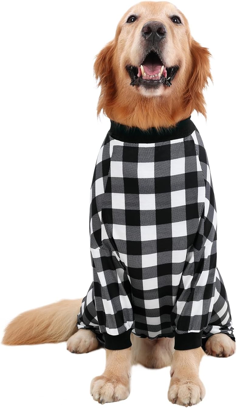 HDE Dog Pajamas One Piece Jammies Jumpsuit Pet Clothes Outfit Stretchy Lightweight Comfy Shirt Pjs for M-3XL Dogs Black & White Buffalo Plaid - XL