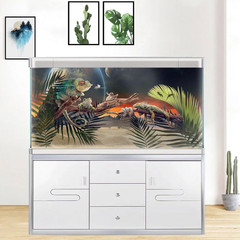 24X16IN Cosmic Aquarium Background, Cool Parallel Space Themed Fish Tank Background, Tropical Desert Terrarium Background with 8 EVA Double-Sided Tape