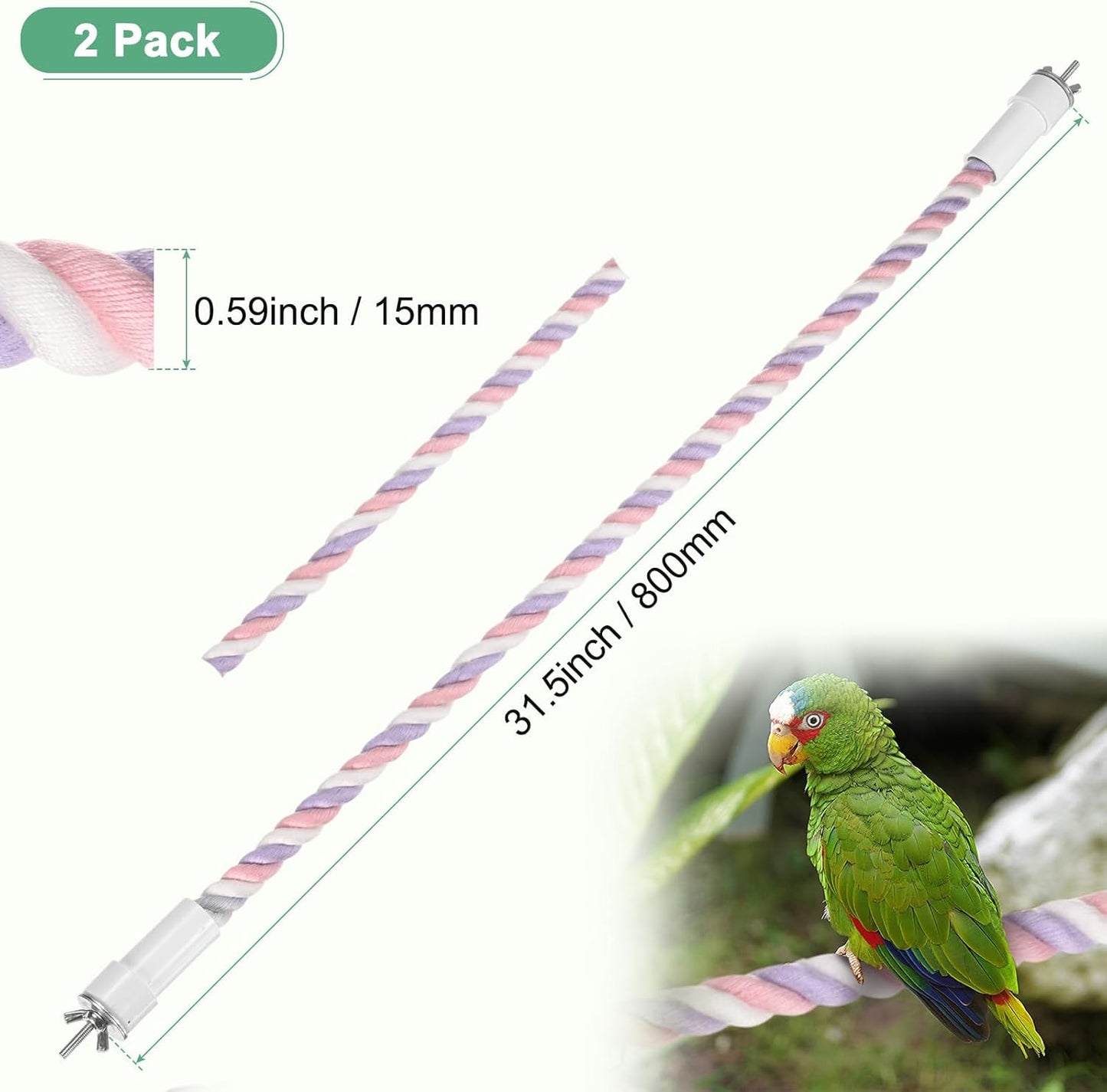 2-Pack Rope Perches for Bird Cages, 31.5 in Length Comfort Grip Flexible Rope Perch Beak & Paw Grinding for Parrots/Cockatiels/Parakeets, Bird Platform Sand [Pink Purple]