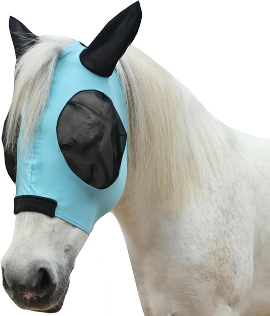 Horse Fly Mask with Ears - Large Eye Space for Full Vision, Breathable Stretch Comfort Fit, UV Protection, Forelock Opening, Easy Pull-On Paleblue Full
