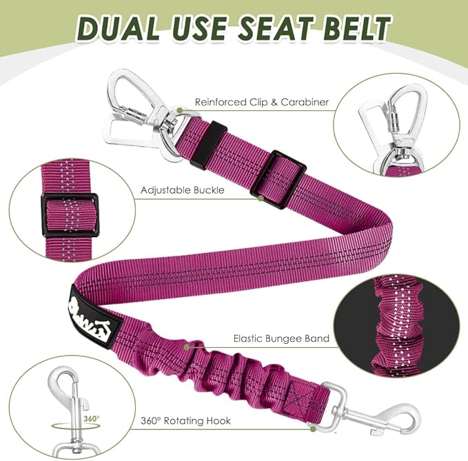 Lukovee Dog Seat Belt for Car, Adjustable Dog Car Harness for Large Medium Small Dogs, Soft Padded & Breathable Mesh Dog Seatbelt with Car Strap and Carabiner(Rose Double Clip,XX-Small)