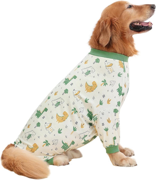 HDE Dog Pajamas One Piece Jammies Jumpsuit Pet Clothes Outfit Stretchy Lightweight Comfy Shirt Pjs for M-3XL Dogs Forest Dinos - M