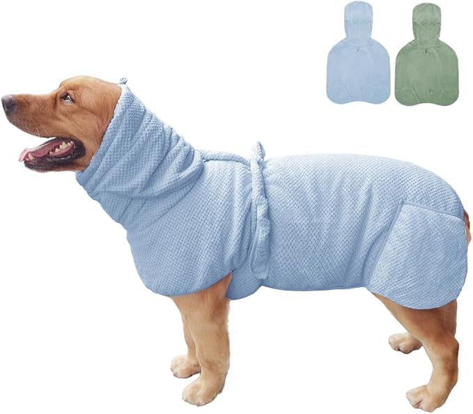 Medium to Large Size Dog Bathrobe, Quick Drying Super Absorbent Used for After Bathing, Warm Dog Towels, Adjustable Hoodies and Belts for Pet Dogs Bath Clothes Products(Blue Jacquard, 2XL)