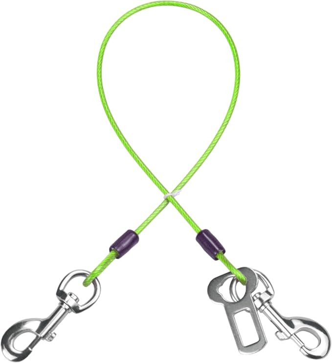 Dog Seat Belt Harness for Car,Dog Seatbelt of Coated Wire Leash Safety Restraint,No Chew Tether Cable Vehicle,Double Clips & Latch(Green, 24 inch/60 CM)