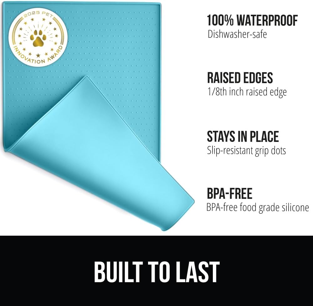 GORILLA GRIP 100% Waterproof Raised Edge BPA Free Silicone Pet Feeding Mat, Dog Cat Food Mats Contain Spills Protects Floors, Placemats for Cats and Dogs Water Bowl, Pets Accessories 32x24 Turquoise