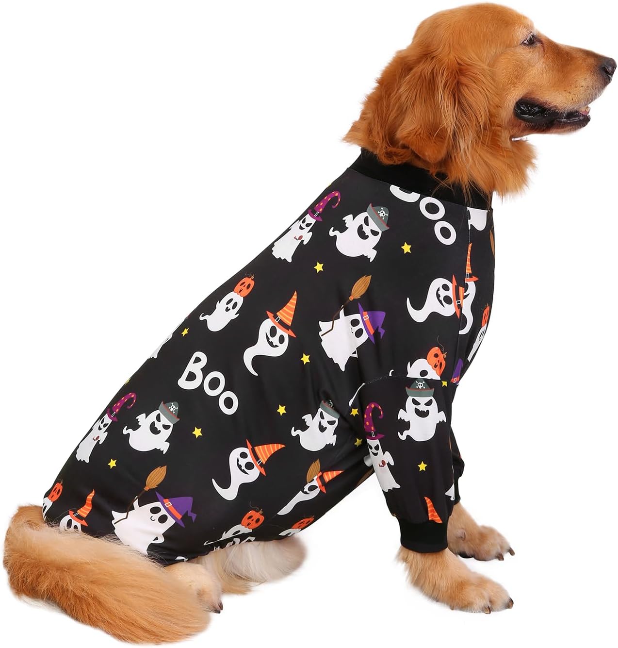 HDE Dog Pajamas One Piece Jammies Jumpsuit Pet Clothes Outfit Stretchy Lightweight Comfy Shirt Pjs for M-3XL Dogs Cute Ghosts - M