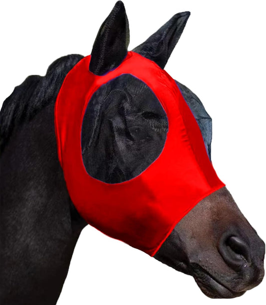 Horse Fly Mask with Ears, Comfortable Fit Stretch Fabric with UV Protection Soft on Skin Breathability for Small/Medium Size Horses (Red)