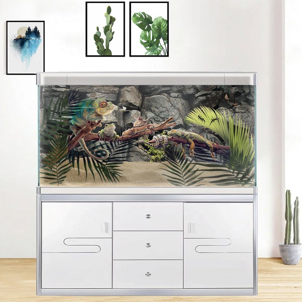 48X18IN Stone Aquarium Background, Rock Fish Tank Background, Natural Rocky Glass Terrarium Background with 8 EVA Double-Sided Tape