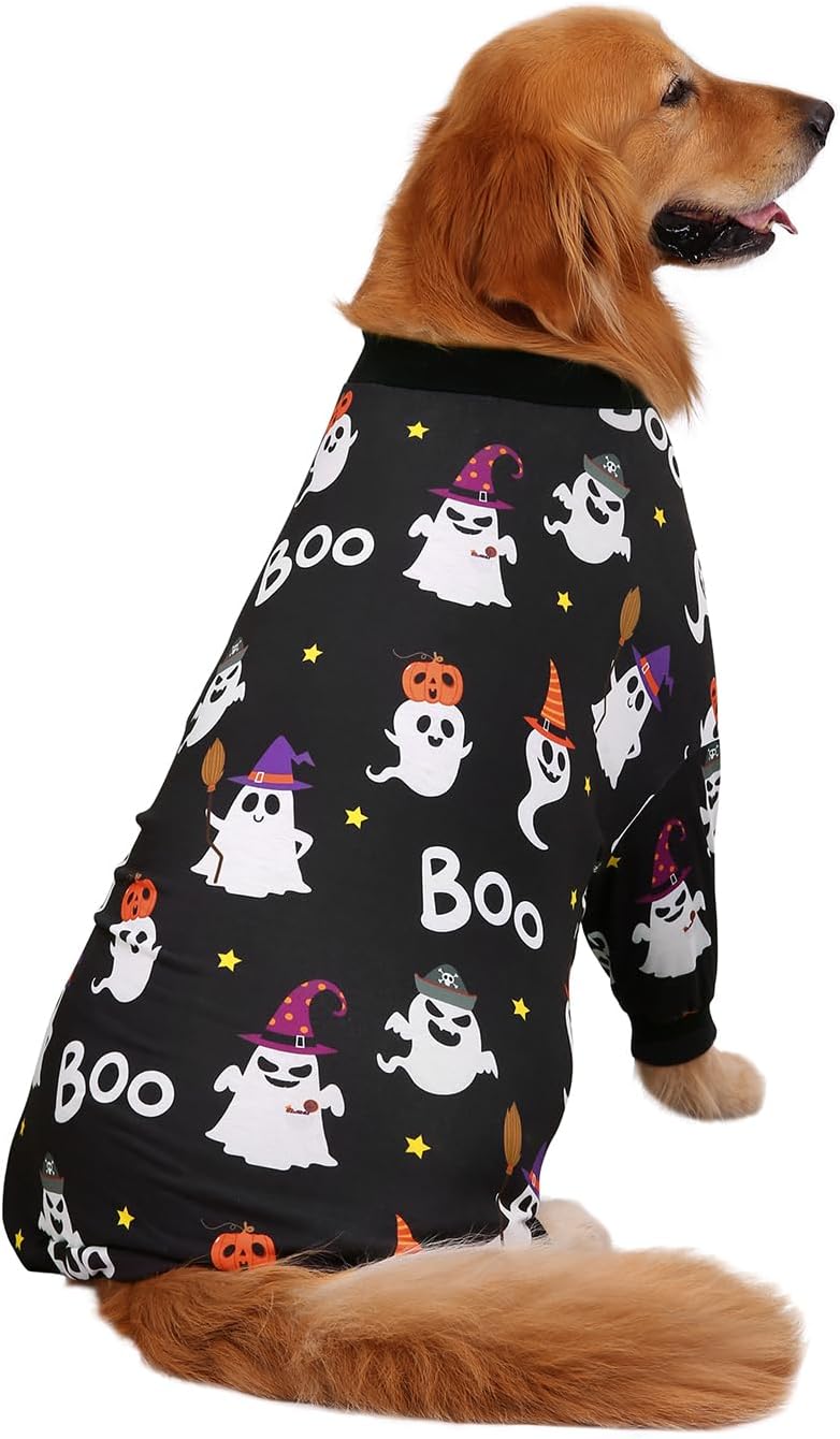 HDE Dog Pajamas One Piece Jammies Jumpsuit Pet Clothes Outfit Stretchy Lightweight Comfy Shirt Pjs for M-3XL Dogs Cute Ghosts - 3XL