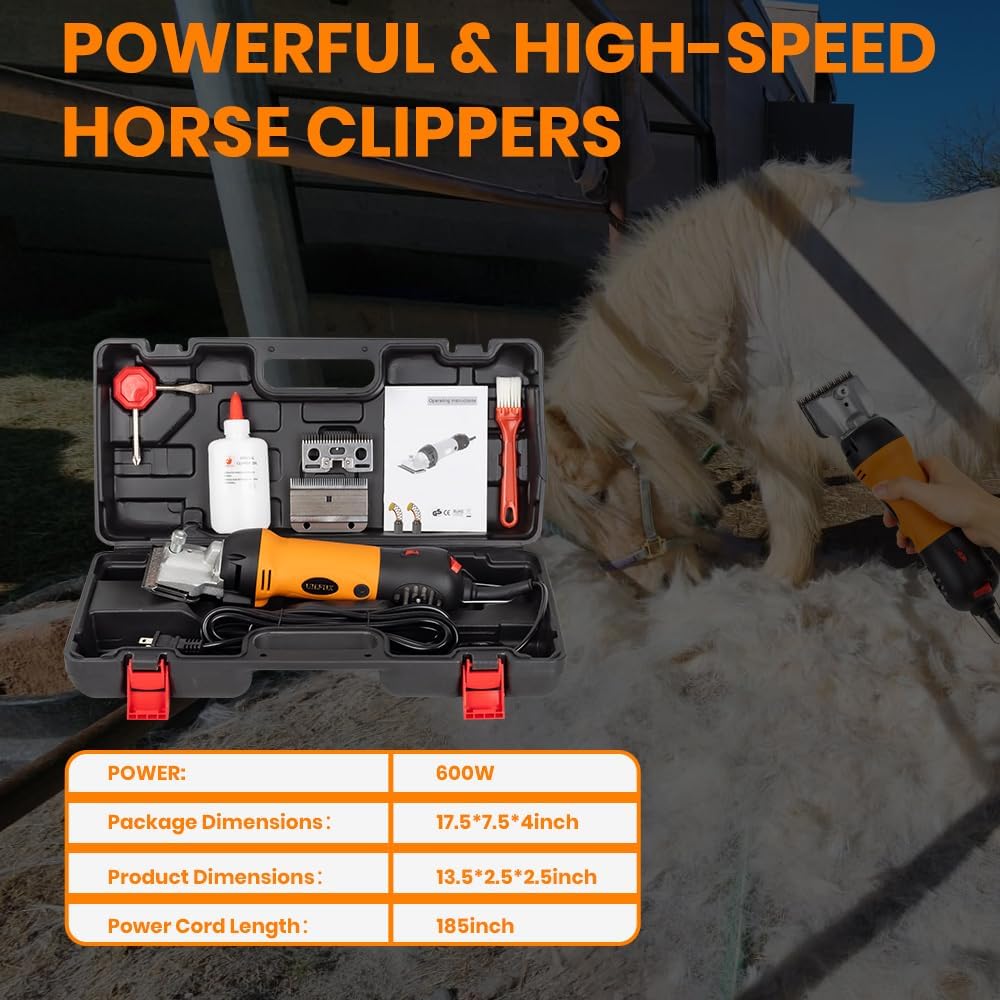 Horse Clippers Professional Electric horse Grooming Kit, Shaving Equine Clippers for Horses Goat Cattle Thick Coat Animals, 6 Speeds Large Heavy Duty Farm Livestock Haircut Trimmer （600W, 2 Blades）