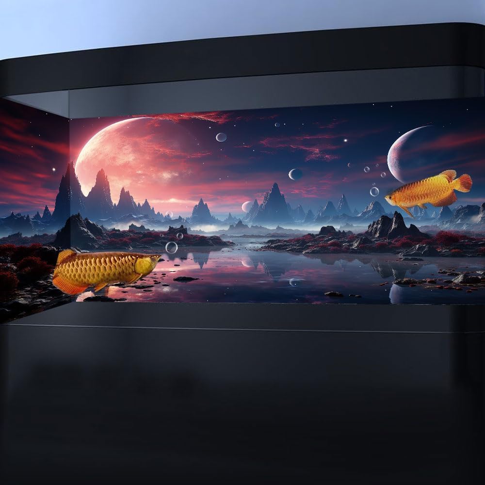 24X16IN Cosmic Spaceterrarium Background, Cool Parallel Space Themed Aquarium Reptile Habitat Background, Red Moon Aquarium Background with 10EVA Double-Sided Tape