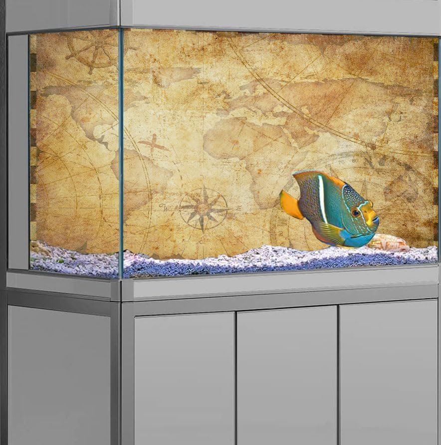 48X18IN Retro Old Travel World Map Terrarium Background, Art Parchment Pirate Treasure Map Reptile Habitat Background with 10EVA Double-Sided Tape