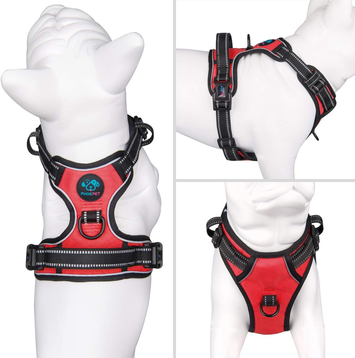 PHOEPET Reflective Dog Harness No Pull Large Breed Vest with 2 Metal Leash Attachment Hooks(XL, Red)