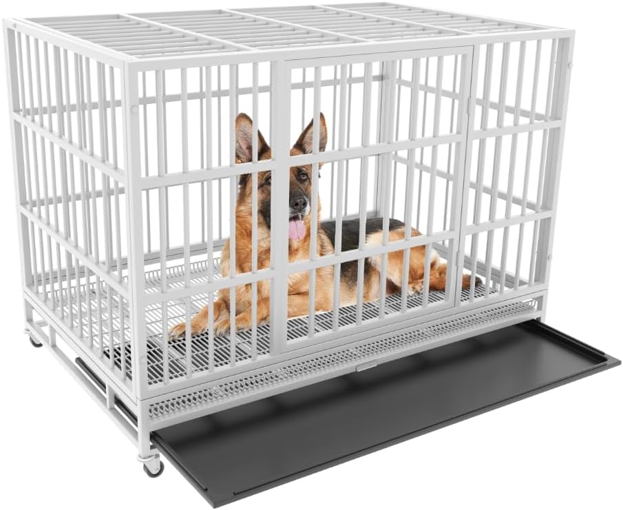 54/48/42/38 Inch Heavy Duty Dog Crate Cage with Wheels, Indestructible and Escape Proof Steel Kennel Indoor for High Anxiety Dogs with Sturdy Locks, Double Door and Tray, Extra Large XL XXL