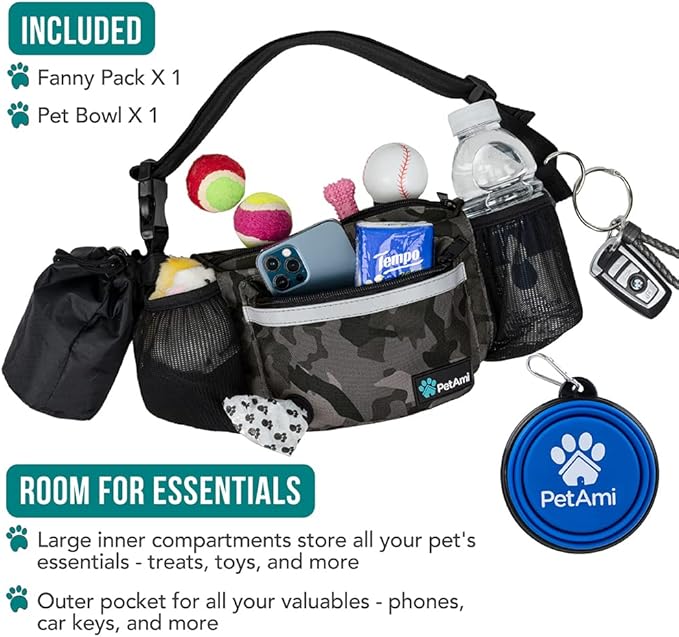 PetAmi Dog Fanny Pack, Treat Pouch for Dog Walking, Training, Built in Poop Bag Dispenser, Water Bottle Holder, Collapsible Bowl, Pet Treat Waist Belt for Hiking, Running, Kibbles (Camo Black)