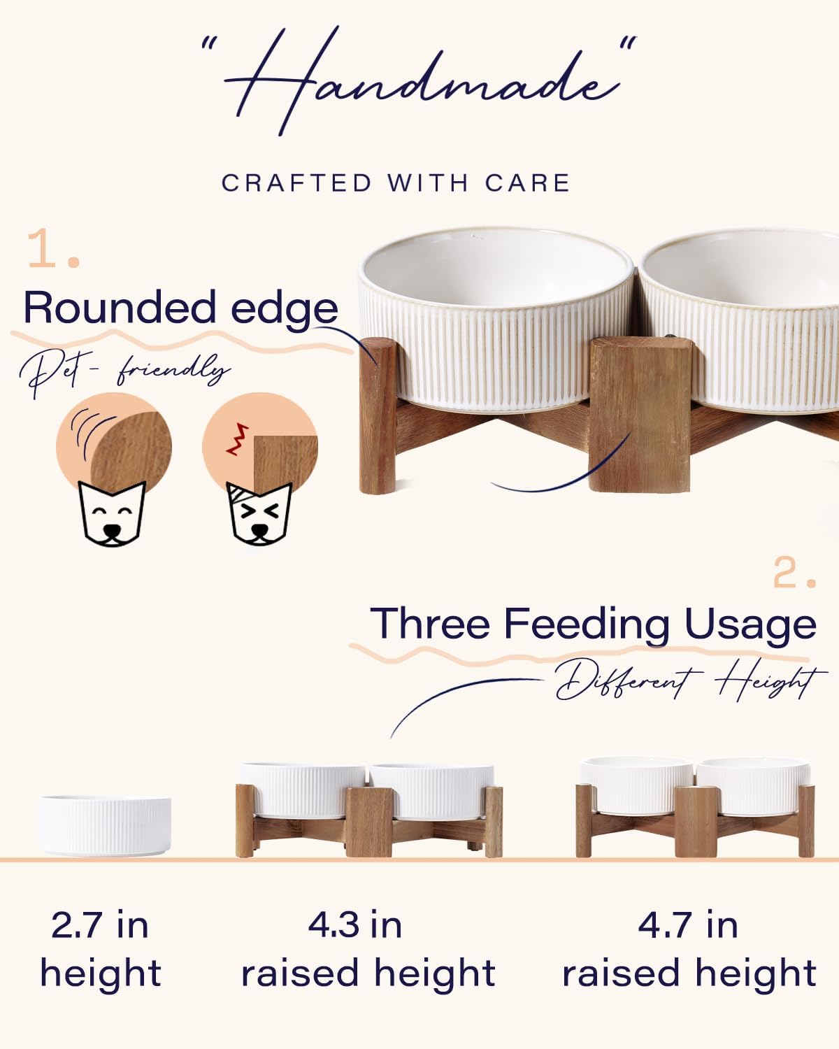 Getstar Ceramic Dog Bowls with Acacia Wood Stand, 30 fl oz, Set of 2, Dog Food Bowl, Cat Bowls (6.5 inches) (Vintage White)