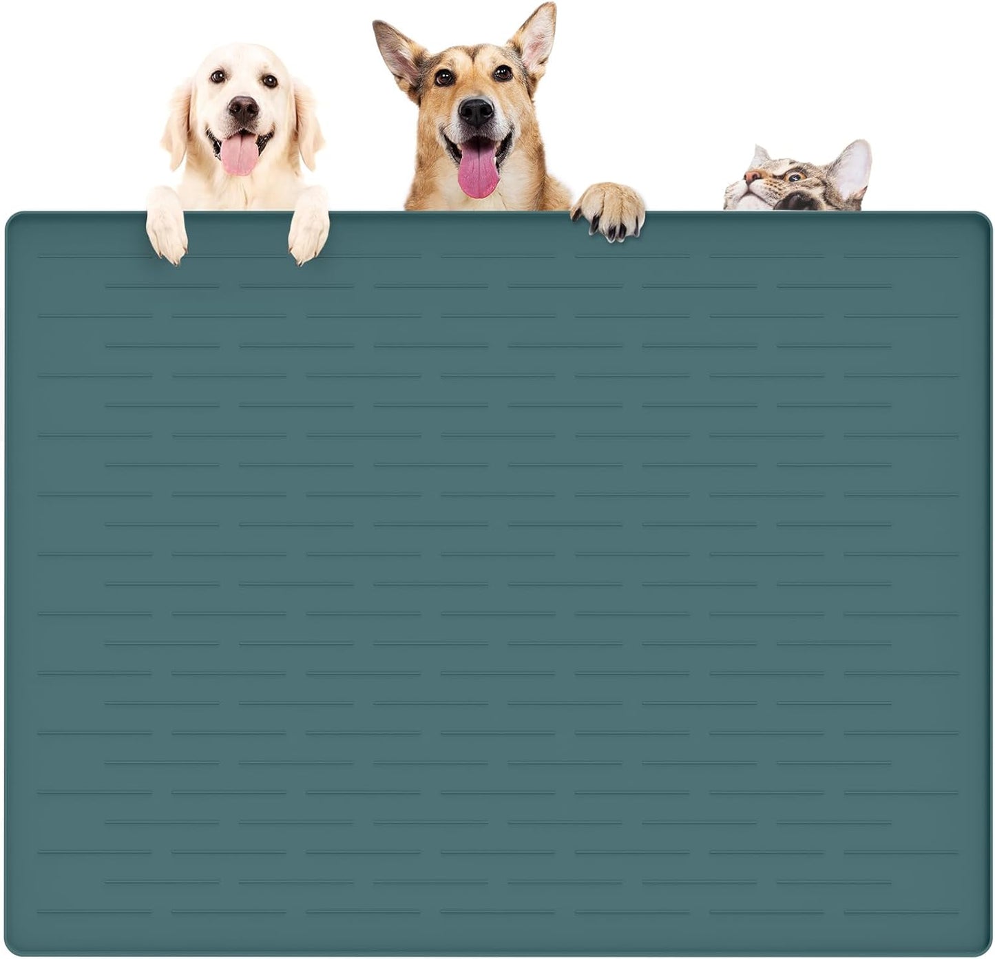 39.4"x29.5" Large Pet Food Mat, Silicone Dog Mats for Food and Water, Nonslip Pet Feeding Mats for Floors,Dog Cat Bowl Mat with Raised Edges, Dark Green