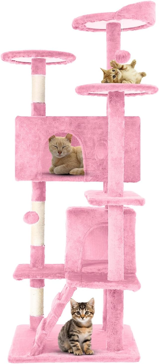 54.7 inches Cat Tower for Indoor Cats, Multi-Level Cat Condos with Scratching Posts, Hanging Toys, Pink