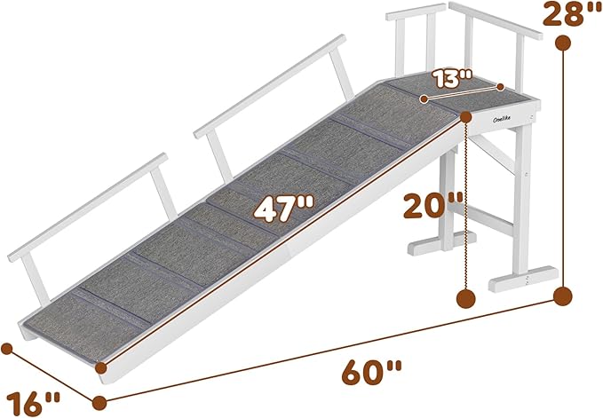 Onelike Wooden Dog Ramp for Bed with Removable Side Rail and Non-Slip Carpet, Stable Pet Ramp Stair for Couch Sofa for Small & Large & Senior Dogs, 60" Long Ramp White